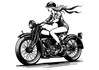 retro biker woman with flowing hair, riding classic motorcycle with focused gaze sketch engraving generative ai fictional character PNG illustration. Scratch board imitation. Black and white image