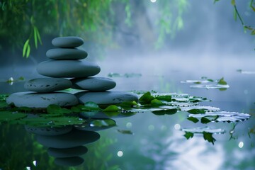 Stack of stones in water with lily pads and blurred background