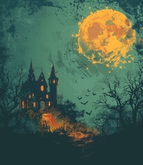 Illustration of a haunted house with a full moon in the background