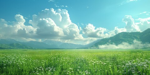 Landscape with green grass field, white clouds and mountains in the background