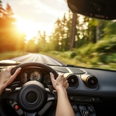 Naklejka premium A woman is driving a car on a sunny day