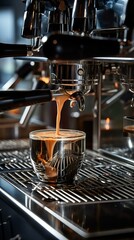 Coffee machine making espresso in a glass cup