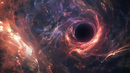 A digital illustration of a black hole at the center of a galaxy, bending light and distorting spacetime in a mesmerizing display of cosmic phenomena.