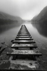 Obraz premium Wooden dock extending into calm lake with mountain backdrop