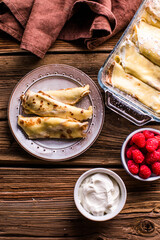 Crepes with cottage cheese , homemade traditional Ukrainian dish nalysnyky