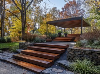 Wooden Deck and Stone Steps in Backyard With Plants and Trees