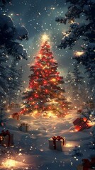 A beautiful Christmas tree in a snowy forest