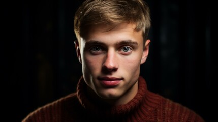 Portrait of a young man with blond hair and blue eyes wearing a brown sweater