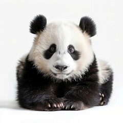 An adorable baby panda sits on a white background