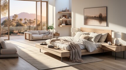 Modern bedroom interior design with large windows and a beautiful view