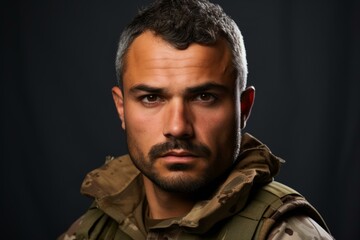 Obraz premium Portrait of a soldier with a beard and mustache wearing military uniform