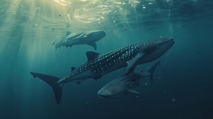 A family of whale sharks swimming in formation, a mother accompanied by her young calves,...