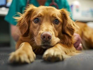 Close-up of a golden retriever dog being examined by a veterinarian