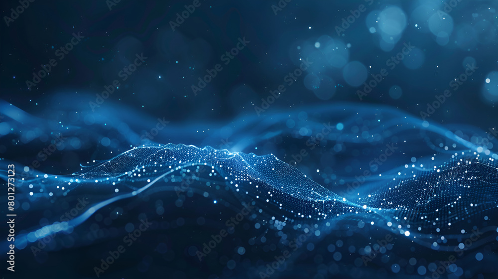 Poster Wave 3d. Abstract wave dots in dark background. Data technology background,Digital dynamic wave of particles. Abstract futuristic dots background. Big data visualization. 3D rendering
