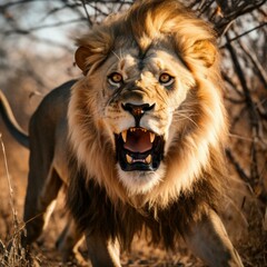 Close up of a male lion roaring in the African savanna