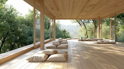 Wooden house with large glass windows and a wooden terrace with a view of the forest