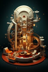 Retrofuturism style illustration of a cozy living room inside a steampunk airship