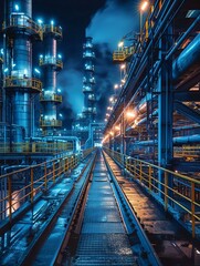 Fototapeta premium A blue industrial plant with a long walkway in the center