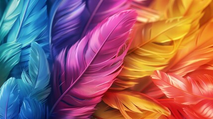 Colorful feathery feathers on a 3D rainbow background. AI Generative.