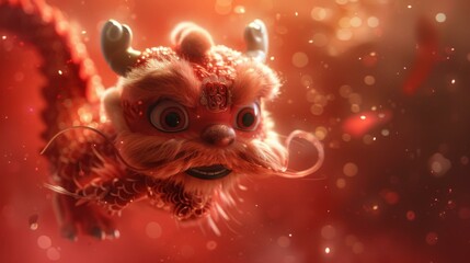 A red and gold dragon with big eyes and a long beard is flying in the air against a red background with red and gold sparkles.