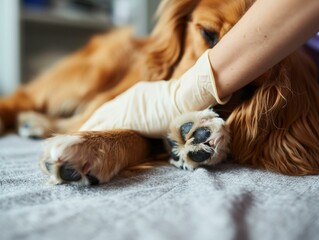 Close-up of a veterinarian examining a dog's paw