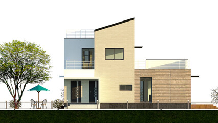 modern building with grass, Elevation of a modern single-family house, Illustration of the elevation of a two-story single-family house with a stone finish