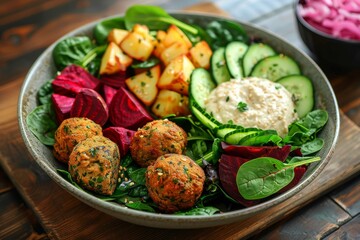 Obraz na płótnie Canvas Cucumber and spinach salad with beetroot falafel, hummus and roast potatoes