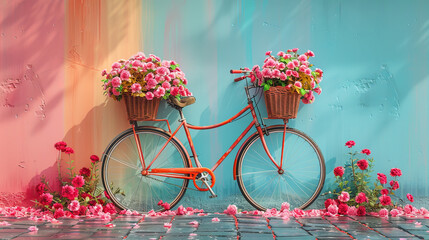 A bicycle with a basket full of flowers on rainbow background. - obrazy, fototapety, plakaty