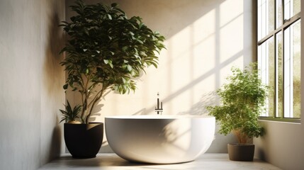 Sunlit bathroom featuring biophilic design elements, modern and serene, AI Generative.
