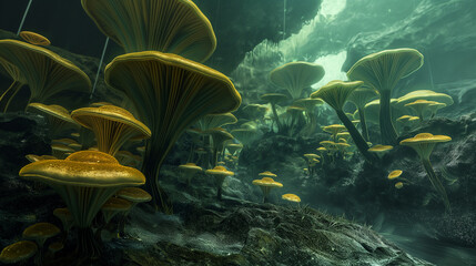 several large mushrooms with yellow caps and white stems growing in a dark, wet cave
