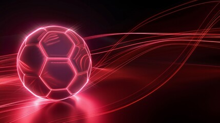 Dynamic art football ball surrounded by red neon lines in motion, AI Generative.