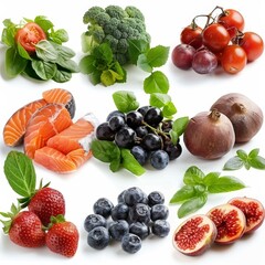 A variety of healthy food including fruits, vegetables, and fish