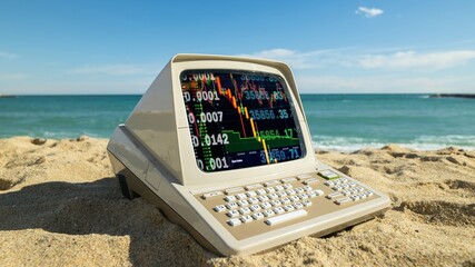 computer on a beach with data and code on screen - 801273995