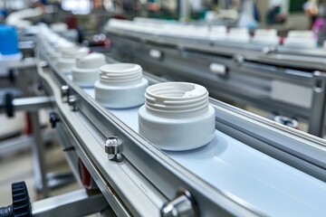 Cosmetic bottling assembly line in traditional factory environment for standard production