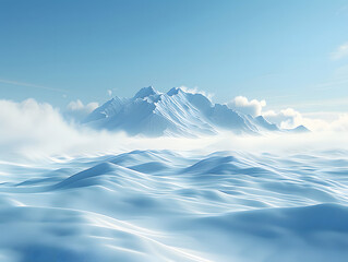 A snow-covered mountain peak looms in the distance, partially obscured by low-hanging clouds. The sky is a clear