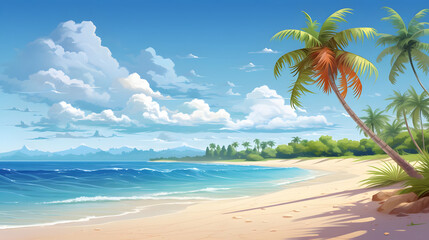 Tropical Tranquility, Sandy Shoreline under Bright Skies. Realistic Beach Landscape. Vector Background