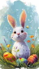 Adorable Easter Bunny Surrounded by Colorful Eggs and Spring Flowers