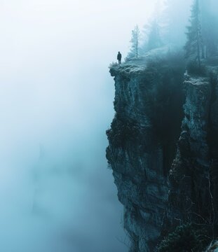 Man standing on a cliff overlooking a foggy valley