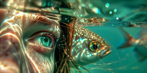 close up of woman face in water focusing on green iris eye with reflected light on face, clear green turquoise tones.