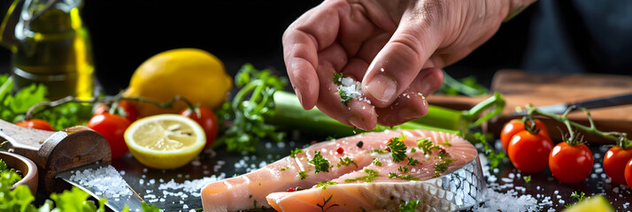 Preparing a Fresh Swordfish Steak with Organic Vegetables & Seasoning - Homemade Swordfish Recipe Process in Vibrant Kitchen Setting