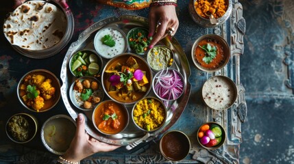 A food blogger capturing the beauty of Indian cuisine with a stunning photo of an intricately arranged thali, inspiring followers to explore the rich flavors of India.