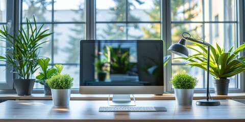 A desk with a computer, keyboard, lamp, and plants on it