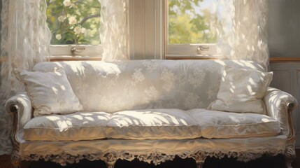Sunlight on a white patterned sofa