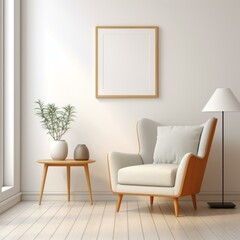 White and wooden armchair in a white room with a gray floor
