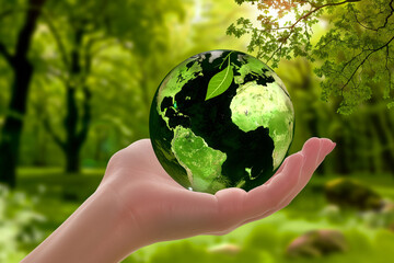 globe of green tree,globe of green tree, Earth day, a small globe held up against the backdrop of towering green trees