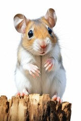 Obraz premium Small cute brown and white mouse standing on a branch