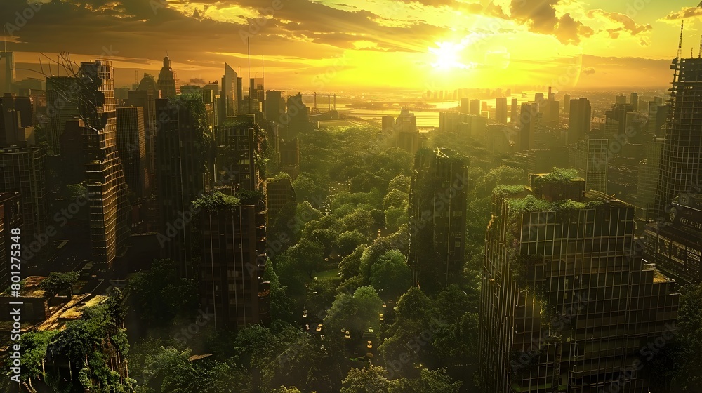 Wall mural Breathtaking Panoramic View of a Post-Apocalyptic Cityscape with Overgrown Vegetation Reclaiming