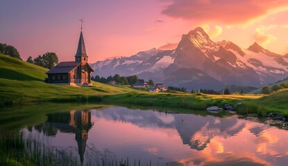 ndscape of the Alps with snowcapped mountains, lush greenery, and a serene lake reflecting the sky at sunset. A small church stands in front of it, surrounded by nature's beauty.
