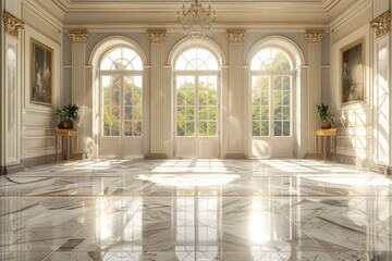 Elegant European style hall with marble floor and big windows