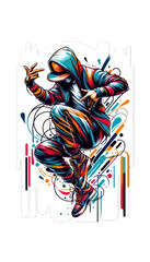 A vibrant and dynamic illustration of a hooded figure performing a dance move. The character, whose face is hidden, is dressed in a multicolored swirling outfit - AI Generated Digital Art